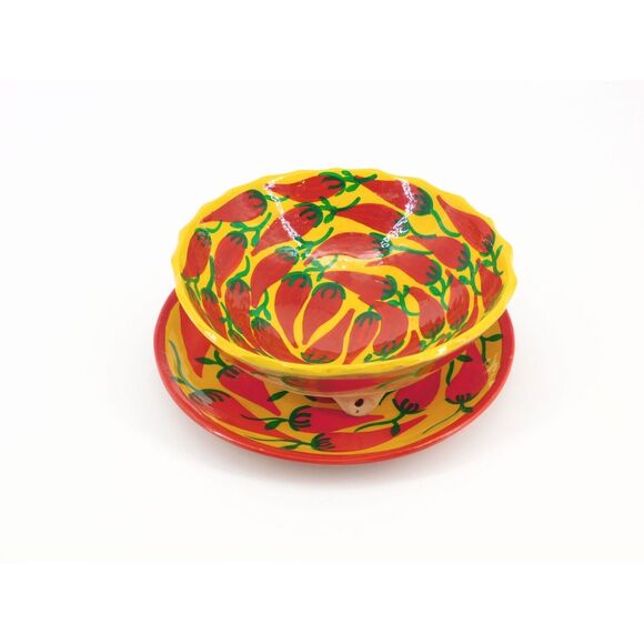 Hand Painted Pottery Bowl Plate Set Red Chili Peppers - Picture 1 of 6